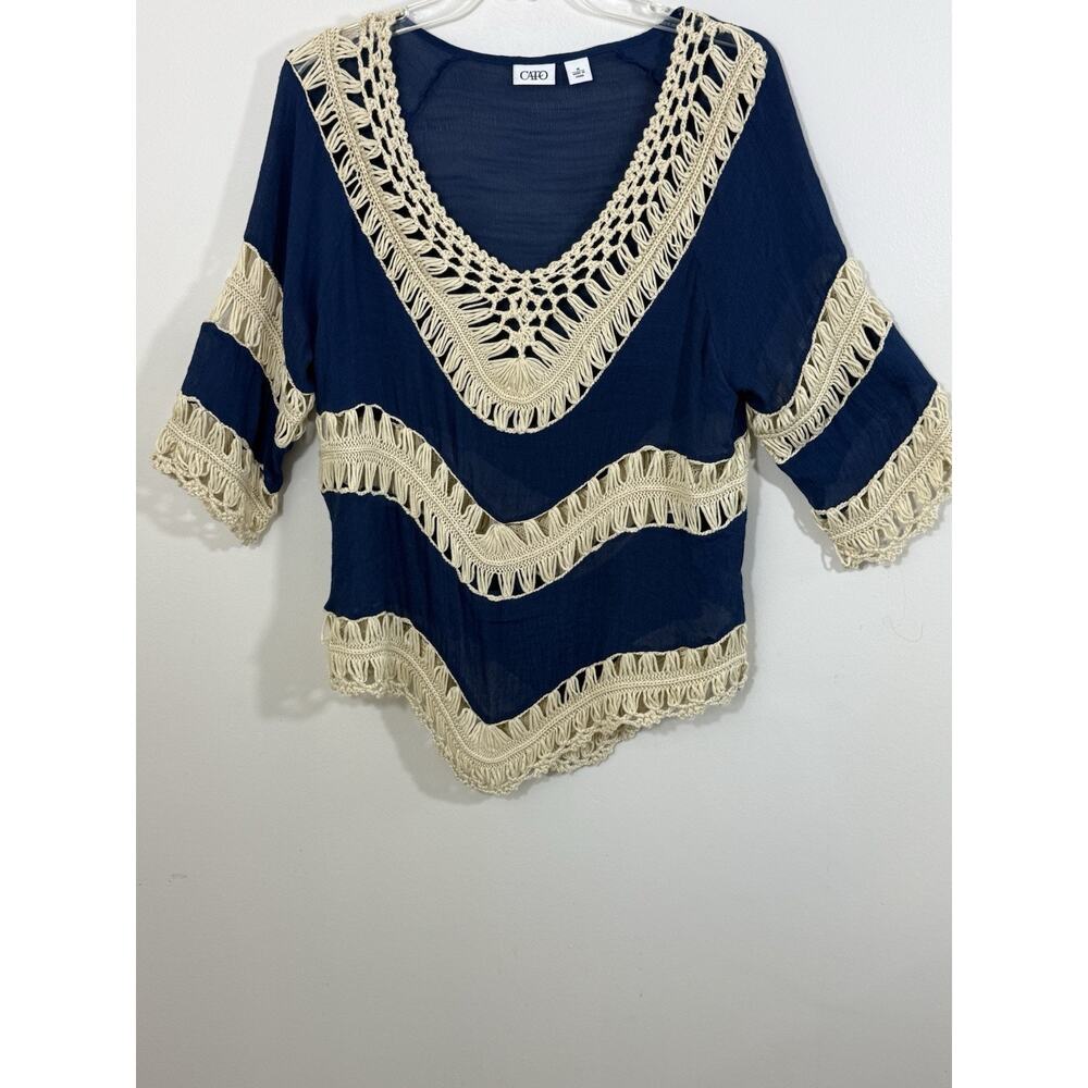 Boho Crochet Lace Gauze Top Sheer Medium Navy Blue Beachy Festival Coastal Cato